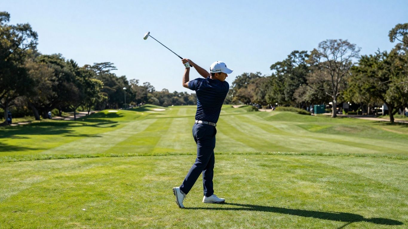 Golfer swinging club on green course