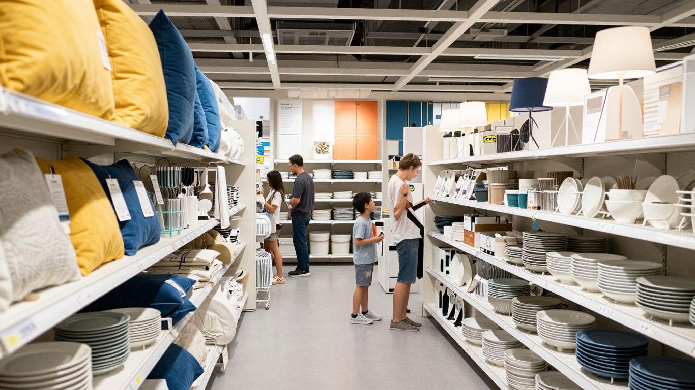 IKEA store interior with home furnishings and shoppers.
