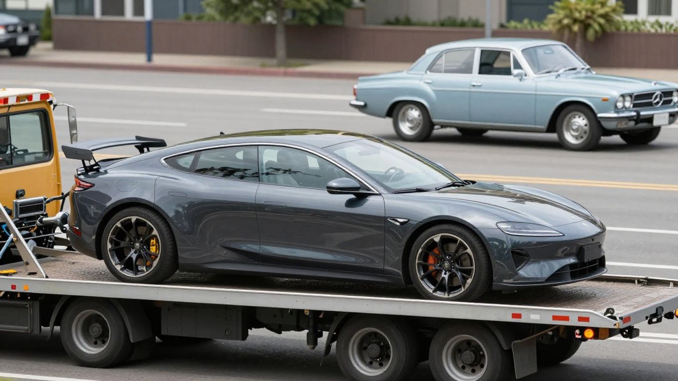 Modern car being towed, contrasting with an older car.