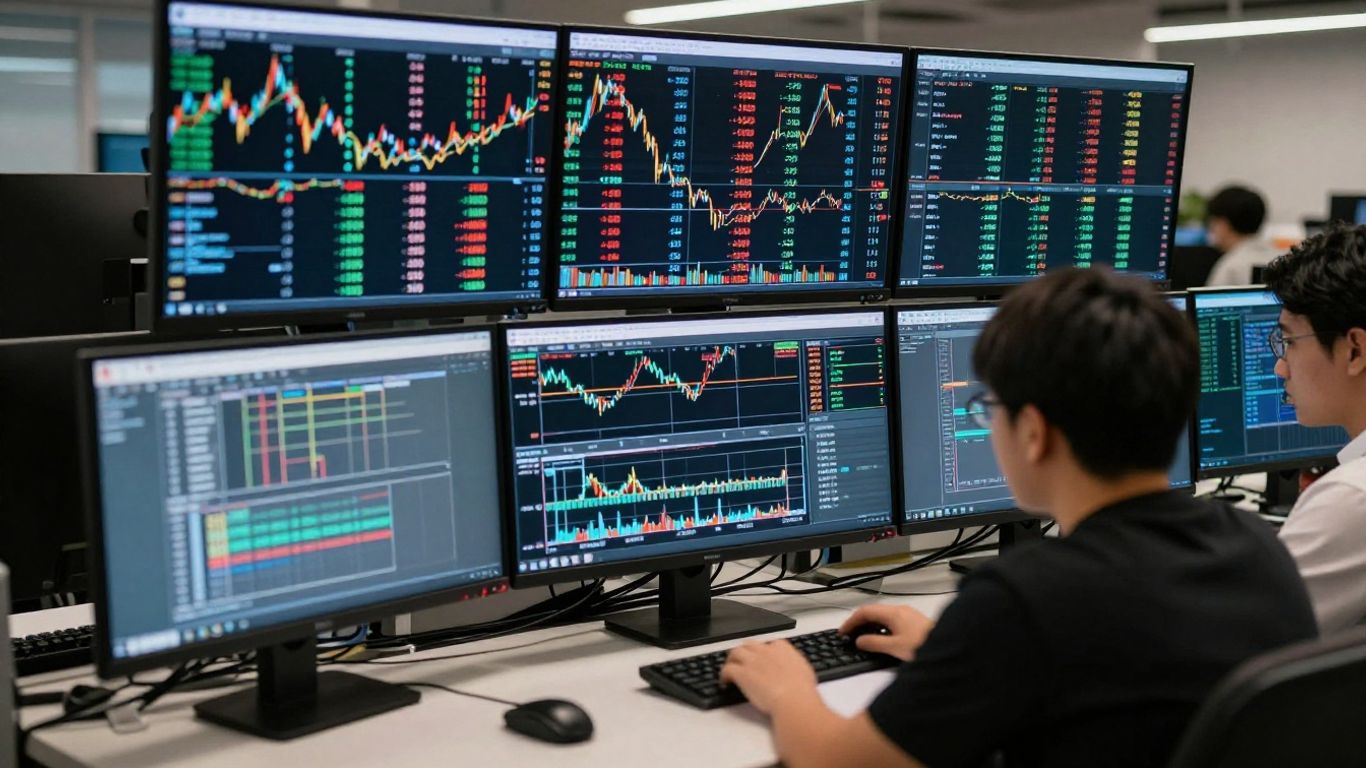 Firstrade trading desk with multiple monitors.