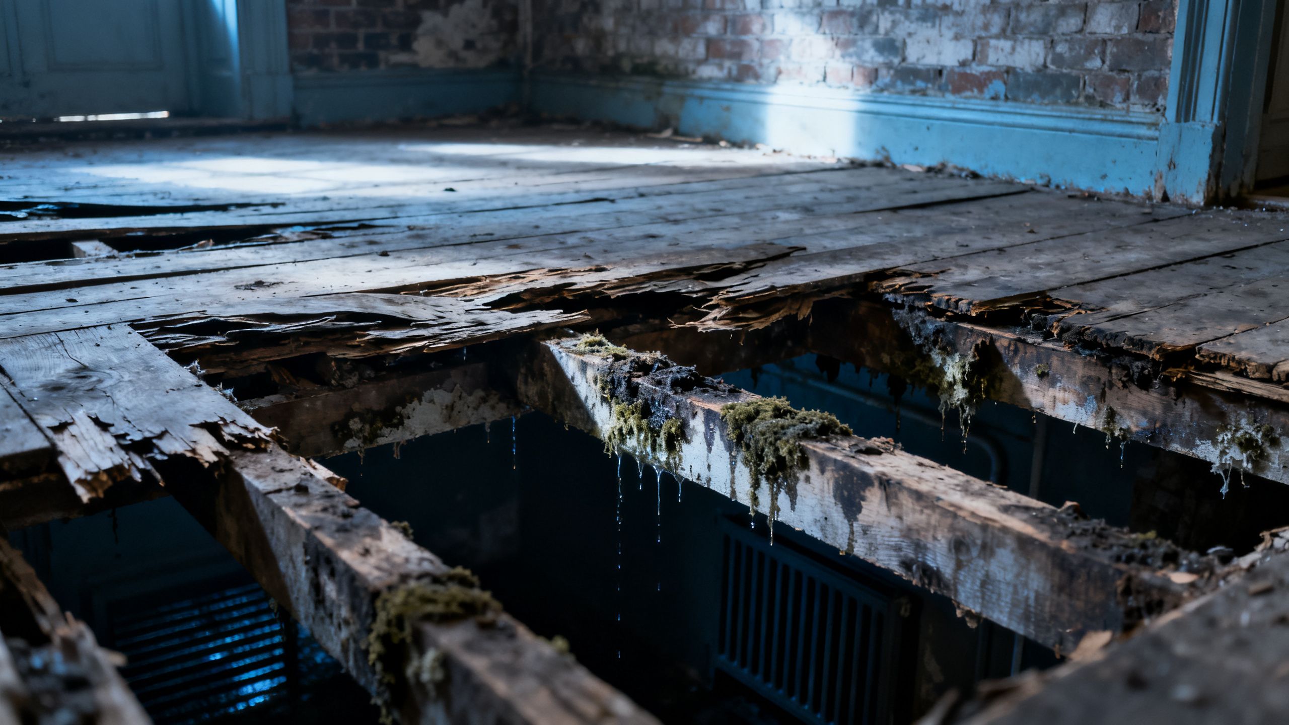 Lifted flooring exposing a damp and rotten suspended timber subfloor in a Victorian Bristol terrace, with old boards, joists and a dark ventilated void visible