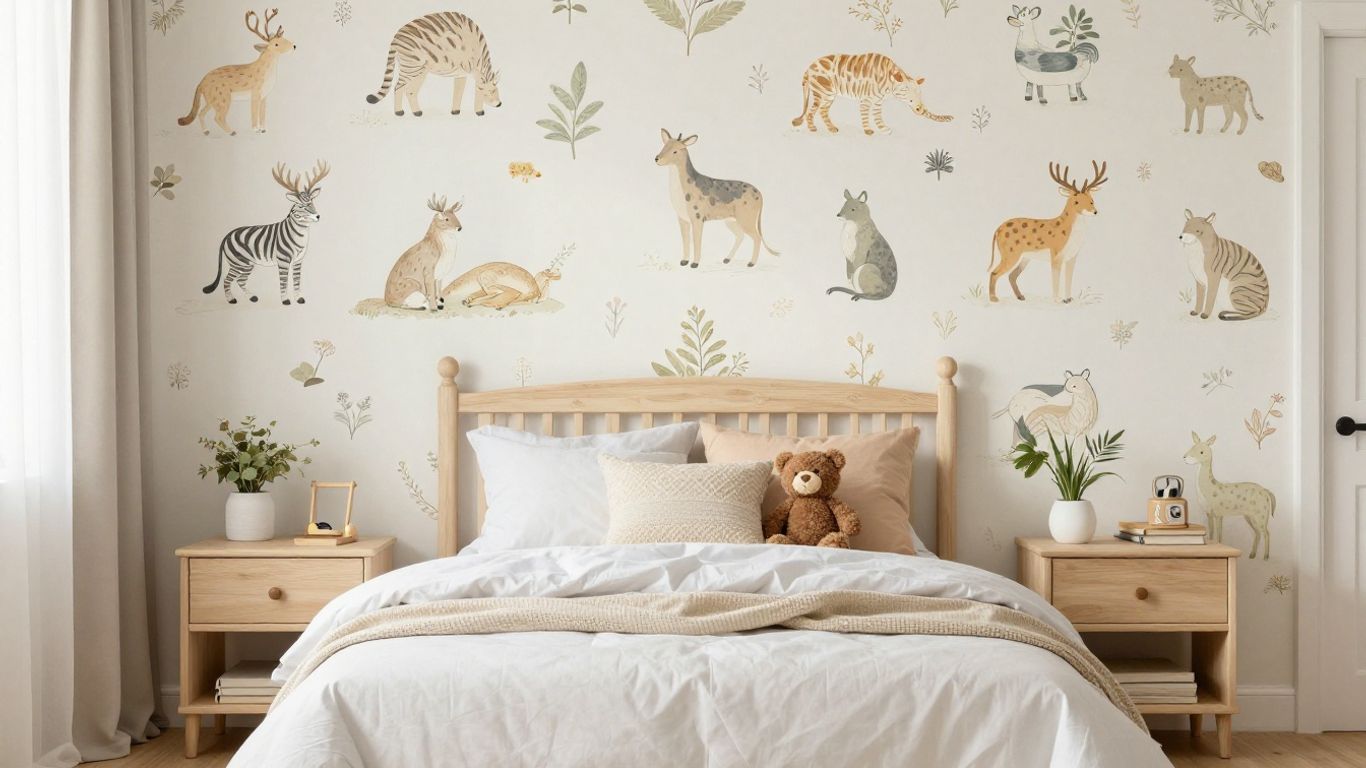 Chambre d’enfant douce avec papier peint animalier