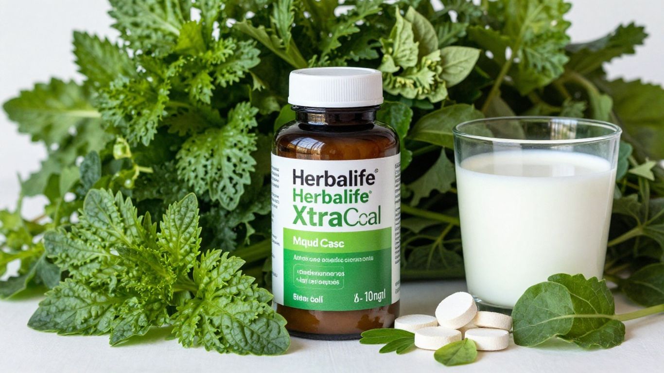 Herbalife Xtra-Cal bottle with herbs and healthy foods.