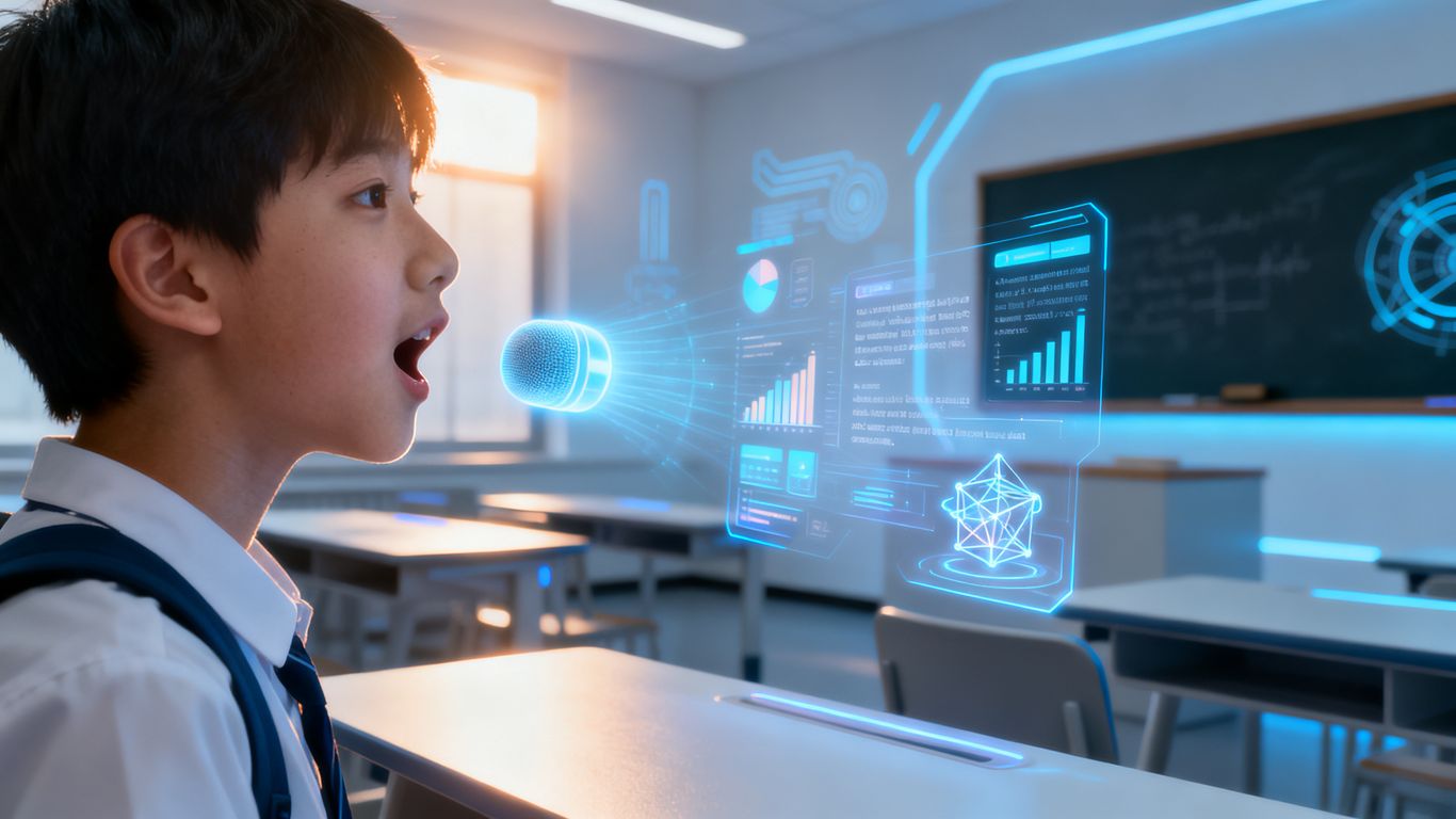 Student using voice technology for hands-free learning in a classroom.