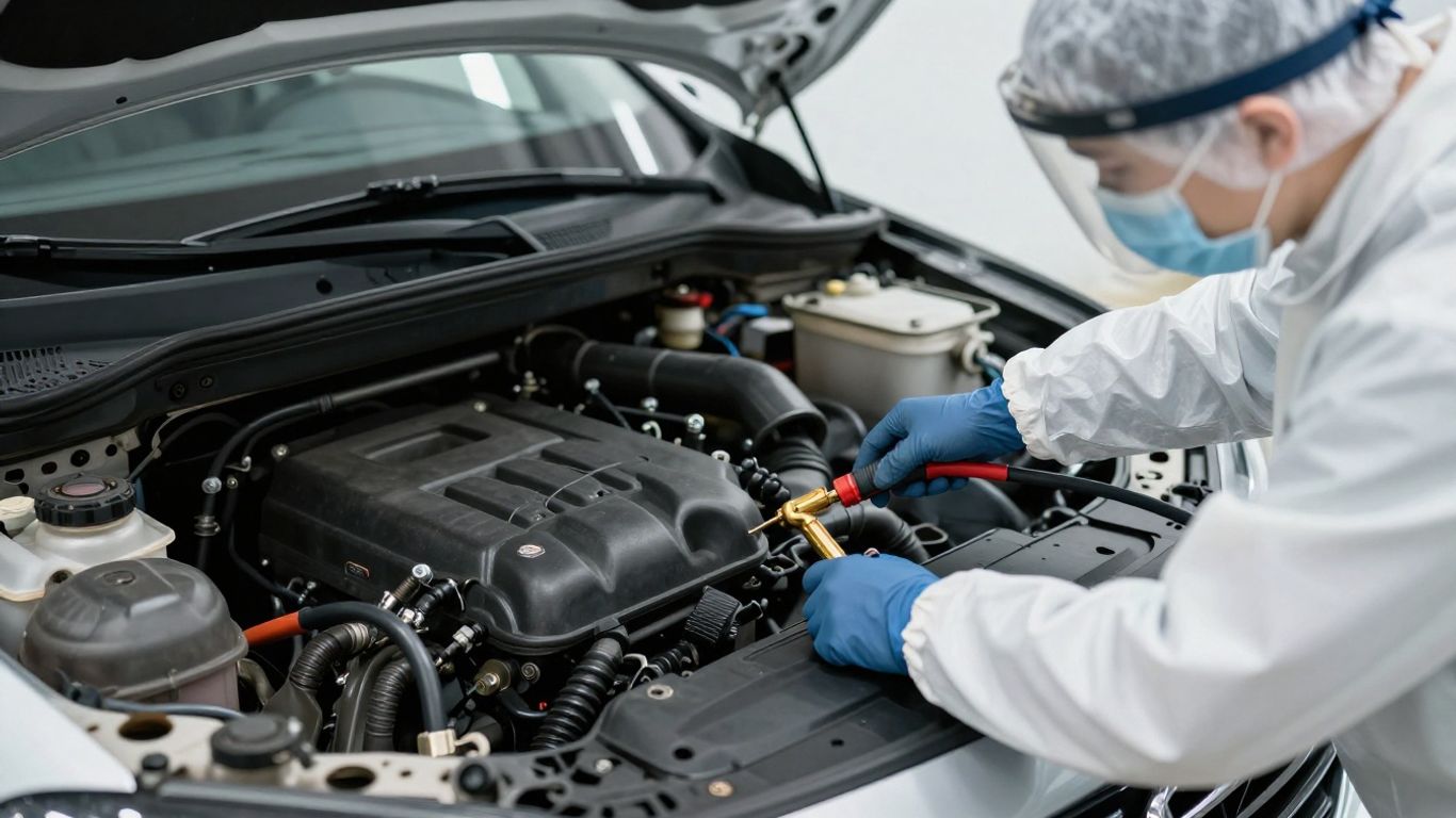 Technician pressure testing vehicle cooling system