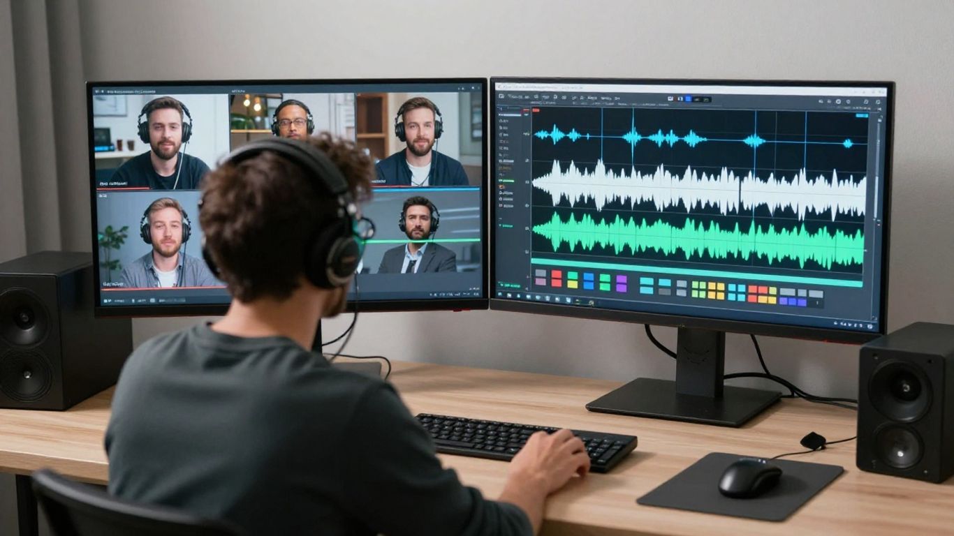 Video editor working with podcast footage and audio tracks