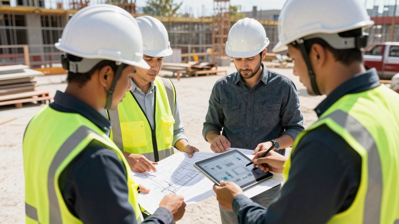 Construction workers using a tablet on a building site.