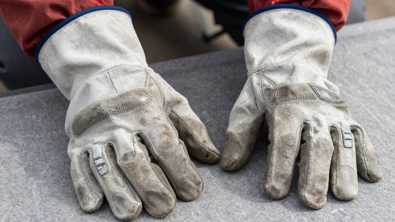 Roofer's hands wearing durable work gloves.