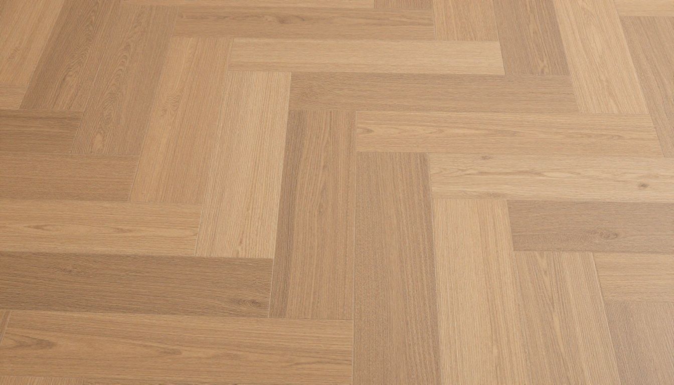 A close-up of Karndean herringbone LVT flooring, showing the realistic wood grain and texture.