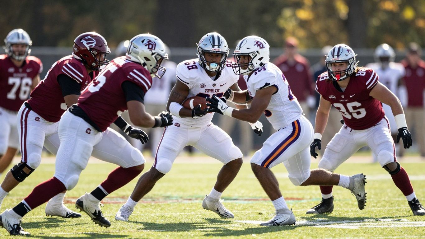 College football players on a field during a game.
