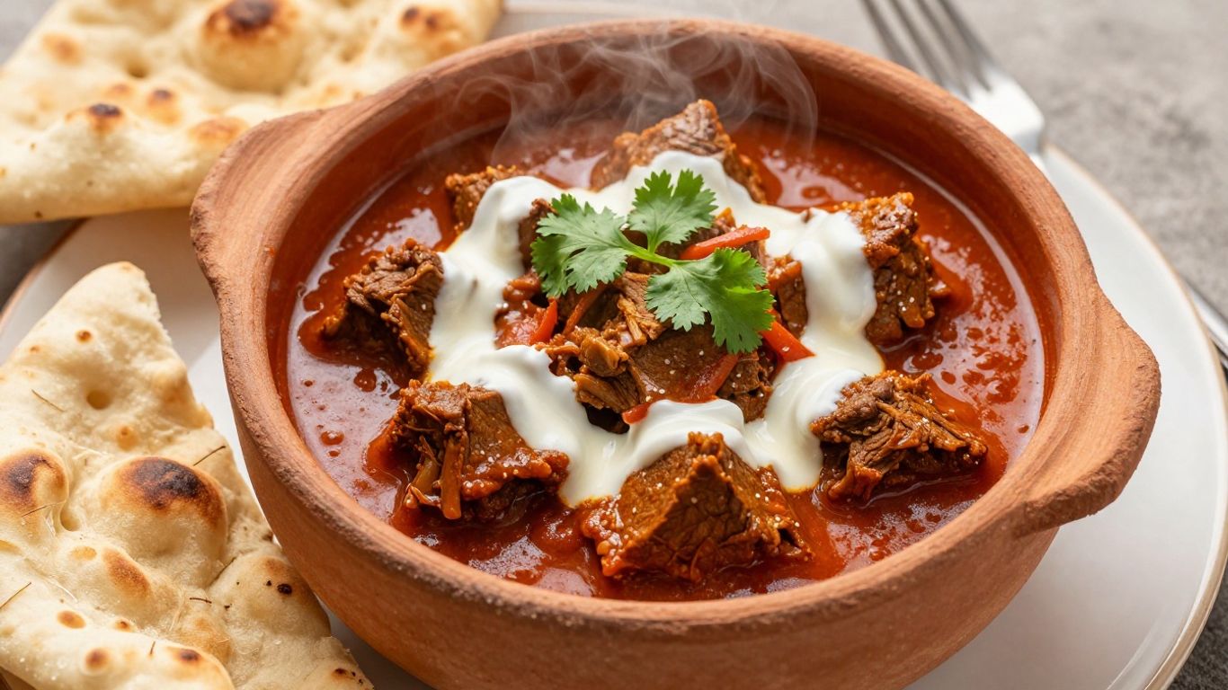 Steaming mutton curry in clay pot with naan