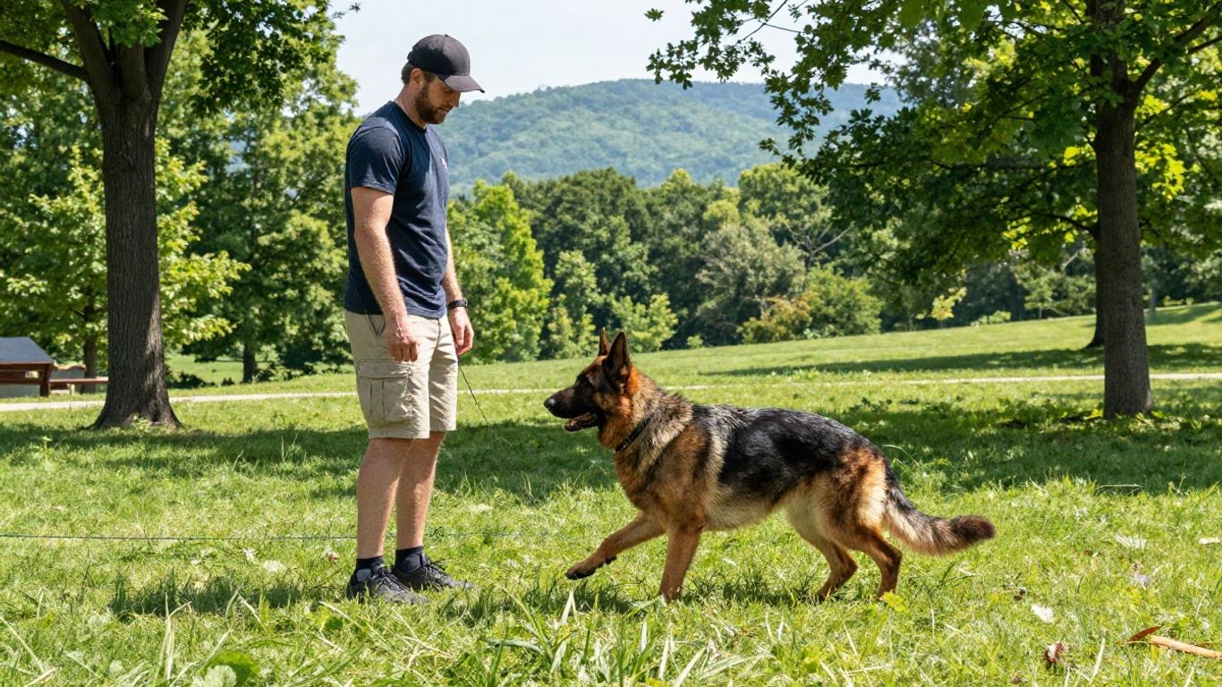 Dog training session in a park with handler.