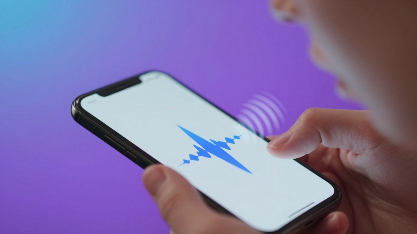 Personne parlant à un smartphone avec des ondes sonores.