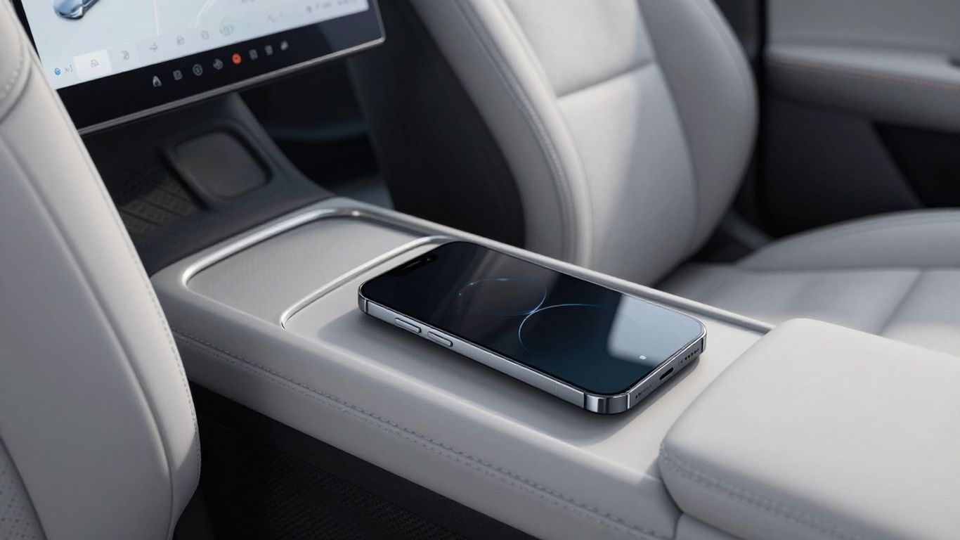 Close view of a phone resting on a vehicle charging surface