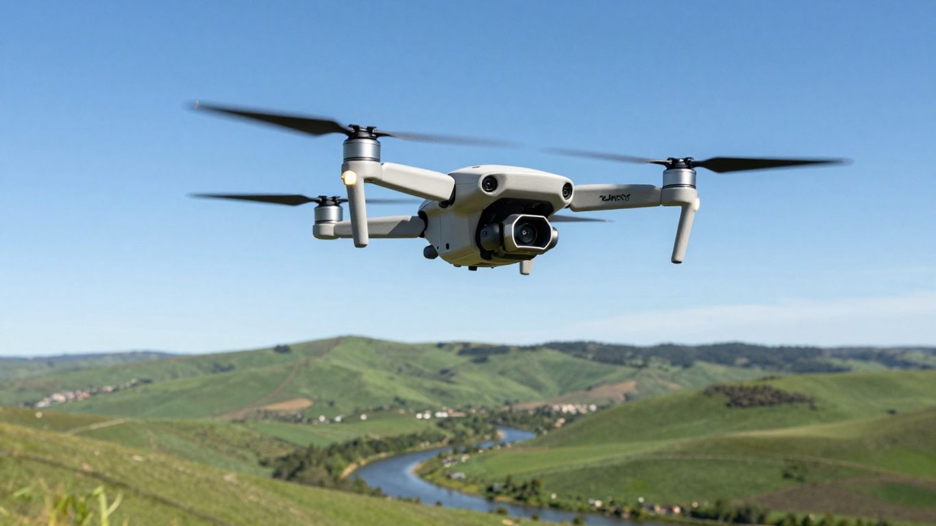 DJI Mavic Mini 1 drone flying over landscape.