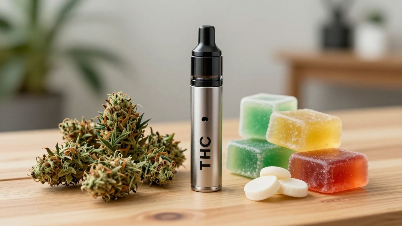 Cannabis, THC-Vape und Edibles auf Holztisch in Deutschland