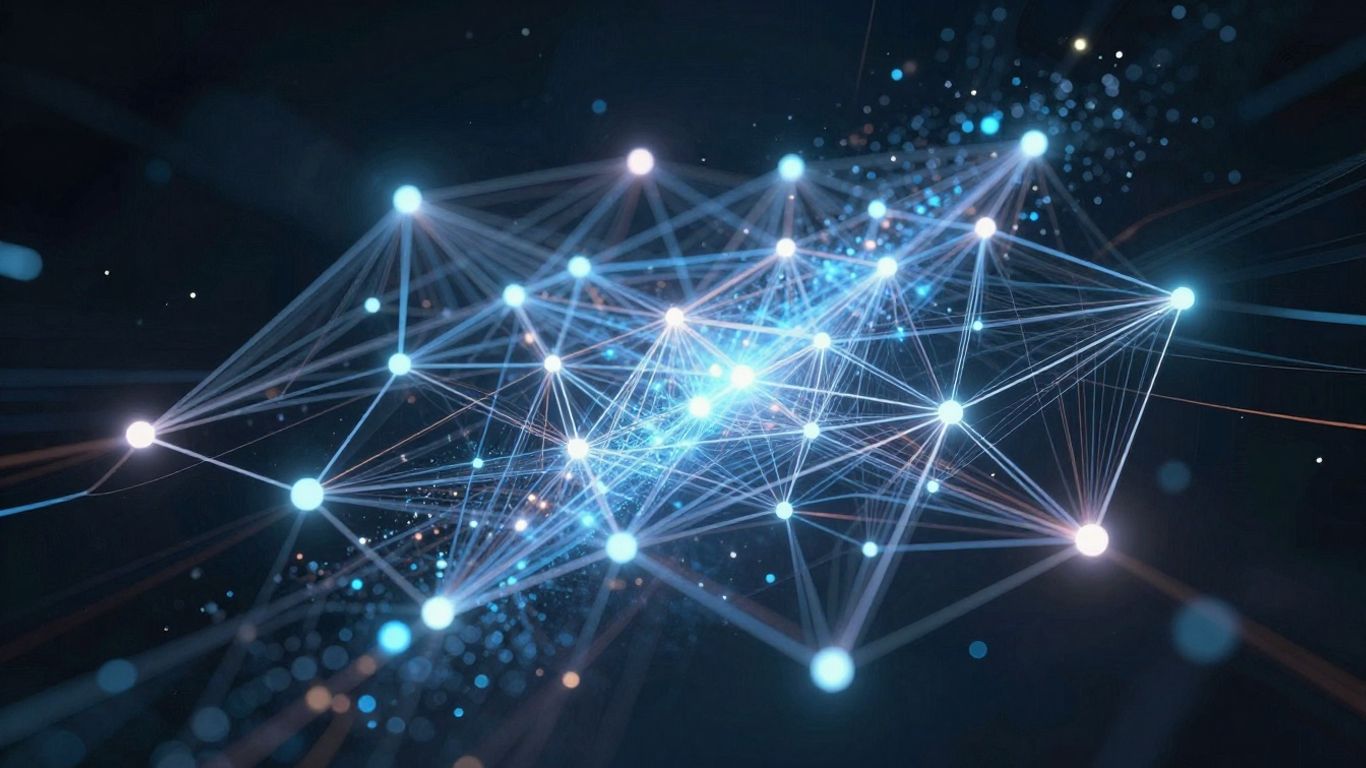 OmegaProject network with glowing nodes and light trails.