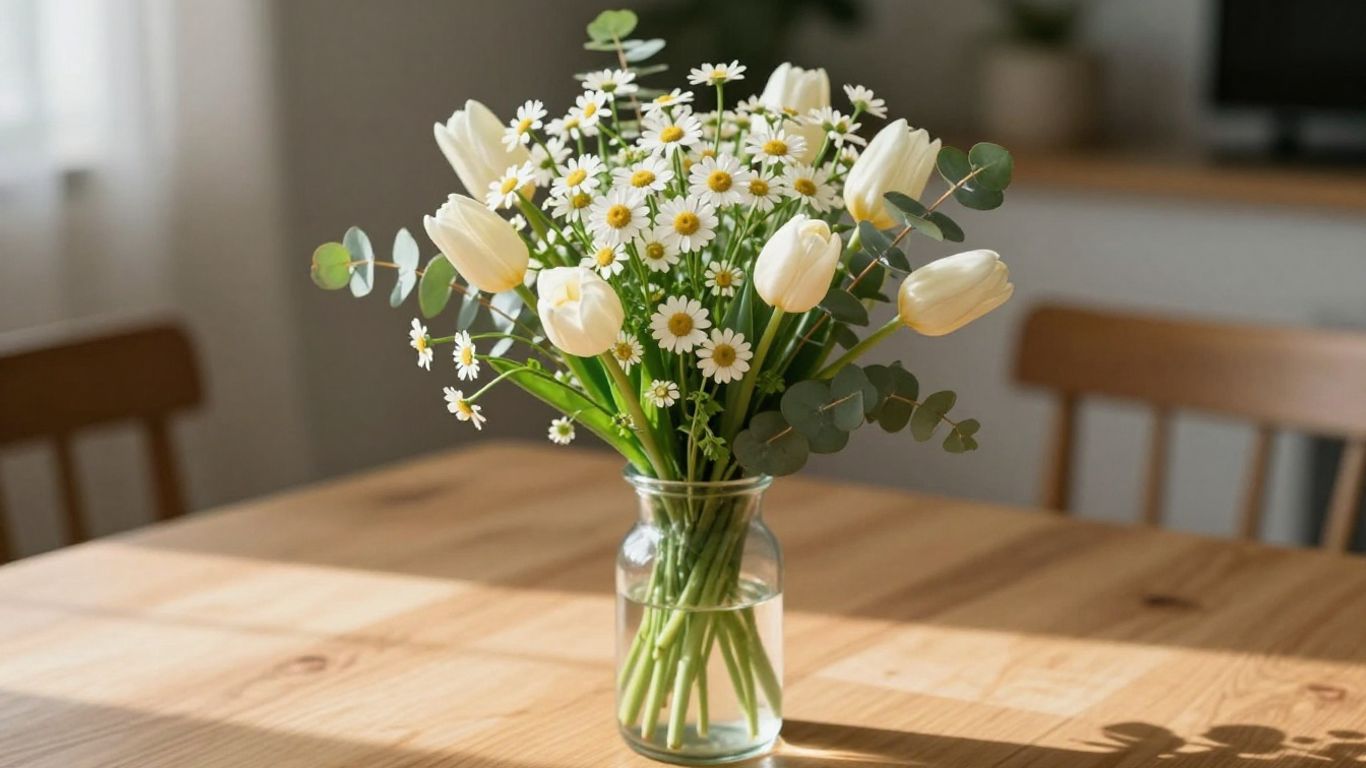 Soft flowers arranged beside a sunny window