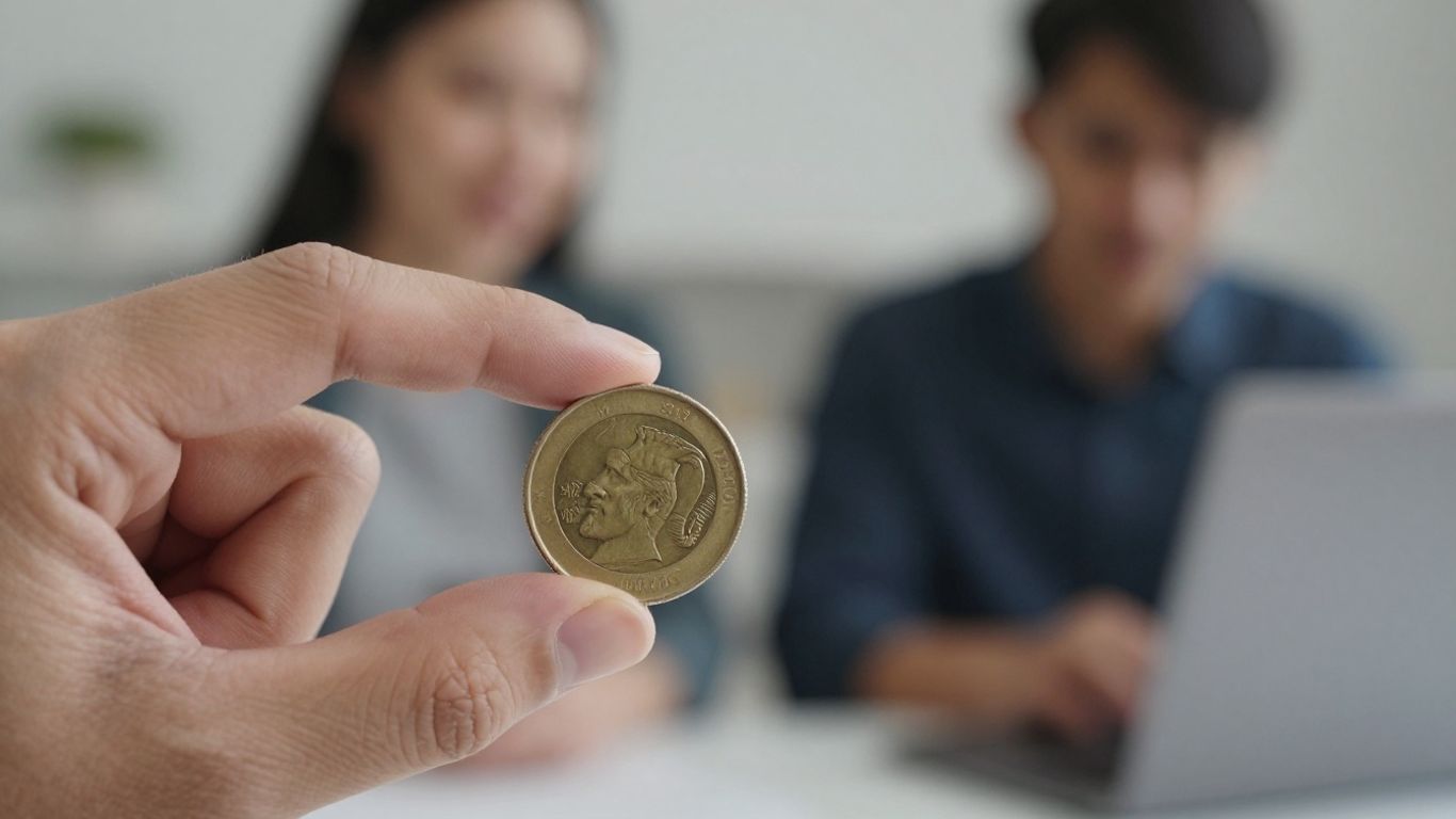Mano con monedas y persona mirando portátil.