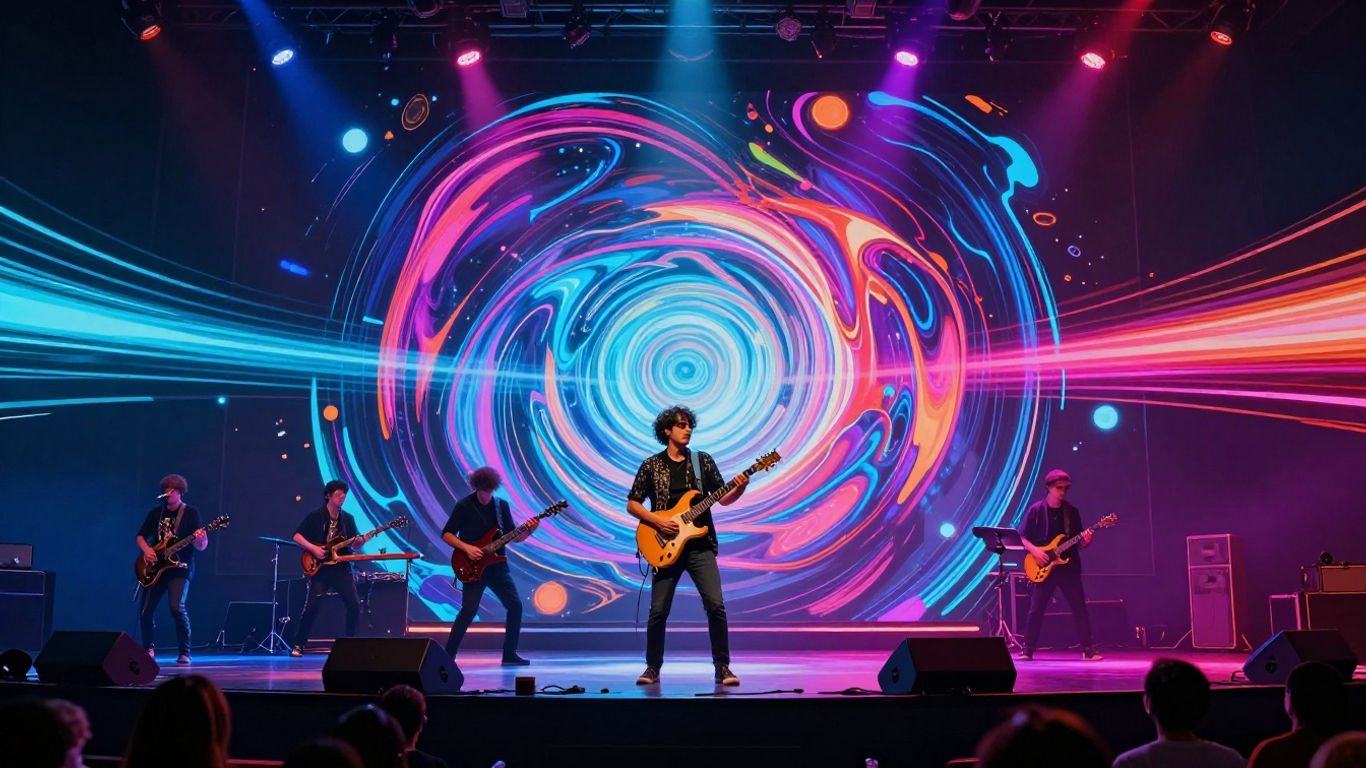 Musician performing on a futuristic stage with abstract visuals.