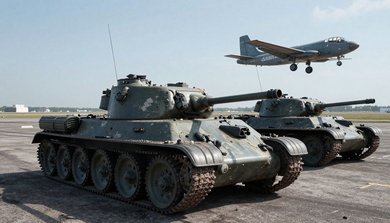 Batalha intensa de War Thunder com tanques, aviões e navios em um cenário militar realista
