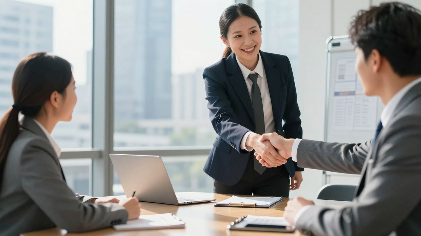 Business handshake in a modern office setting.