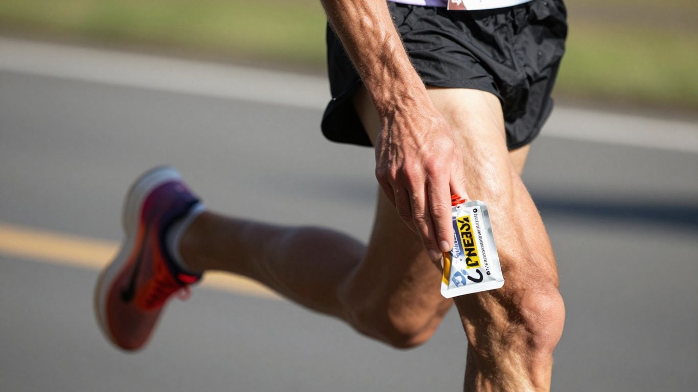 Runner holding energy gel during marathon race.