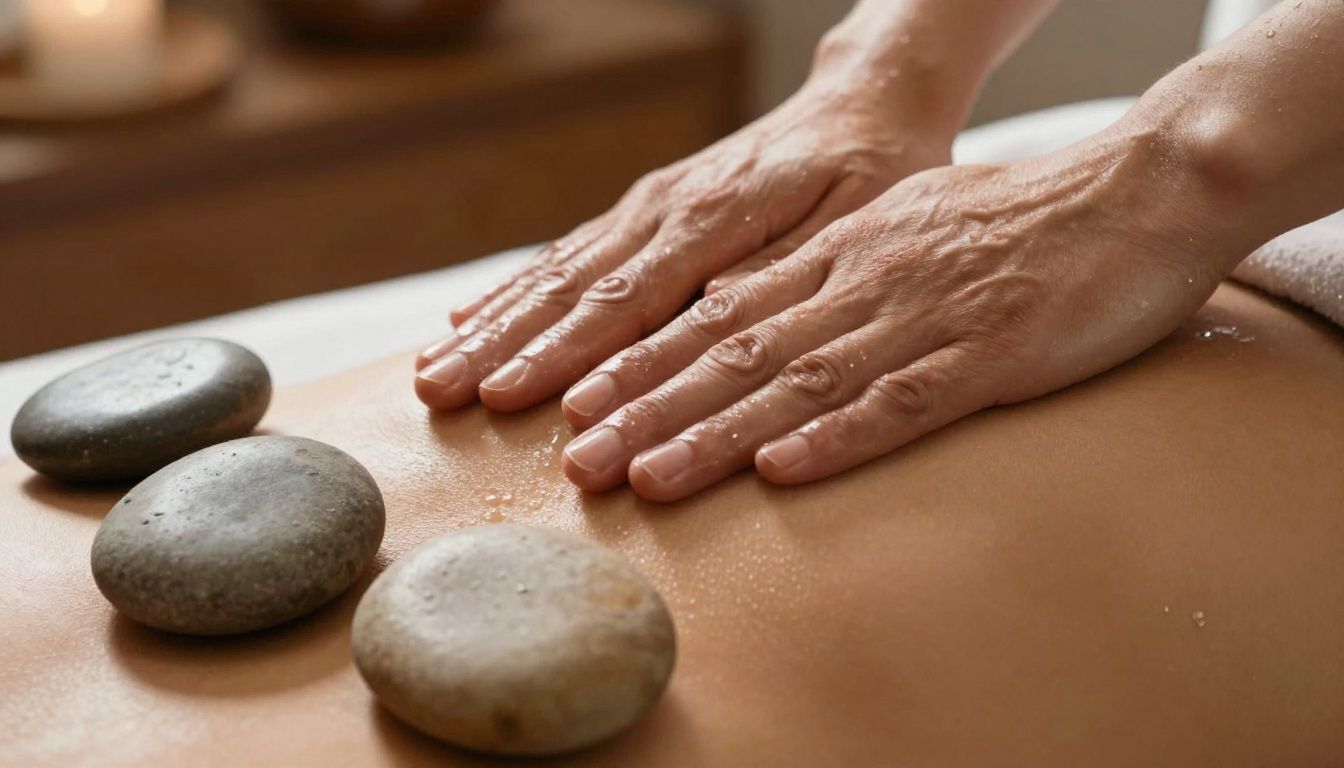 A close-up of smooth, warm stones used for a relaxing massage therapy session