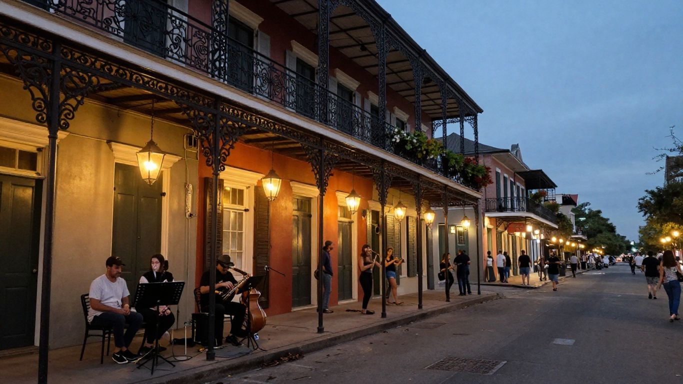 New Orleans street scene with music and balconies