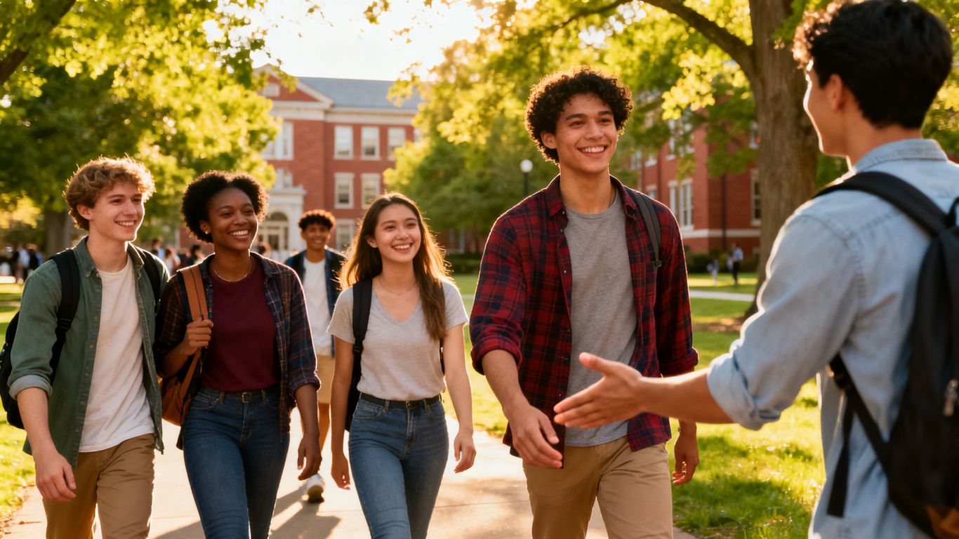 College students making friends on campus.