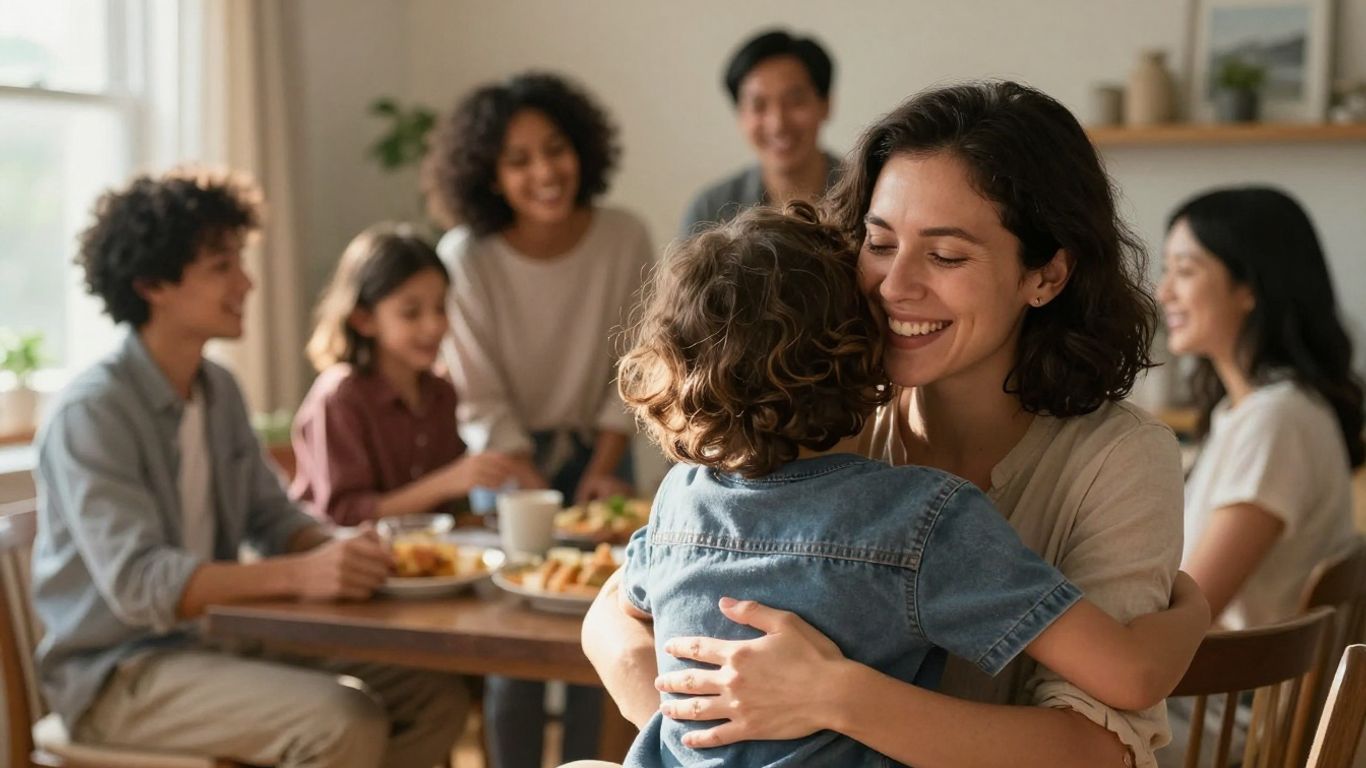 Familia reunida, padres e hijos abrazándose.