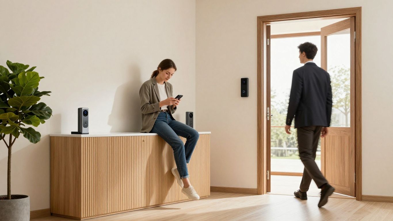 Resident entering an apartment lobby with a mobile device