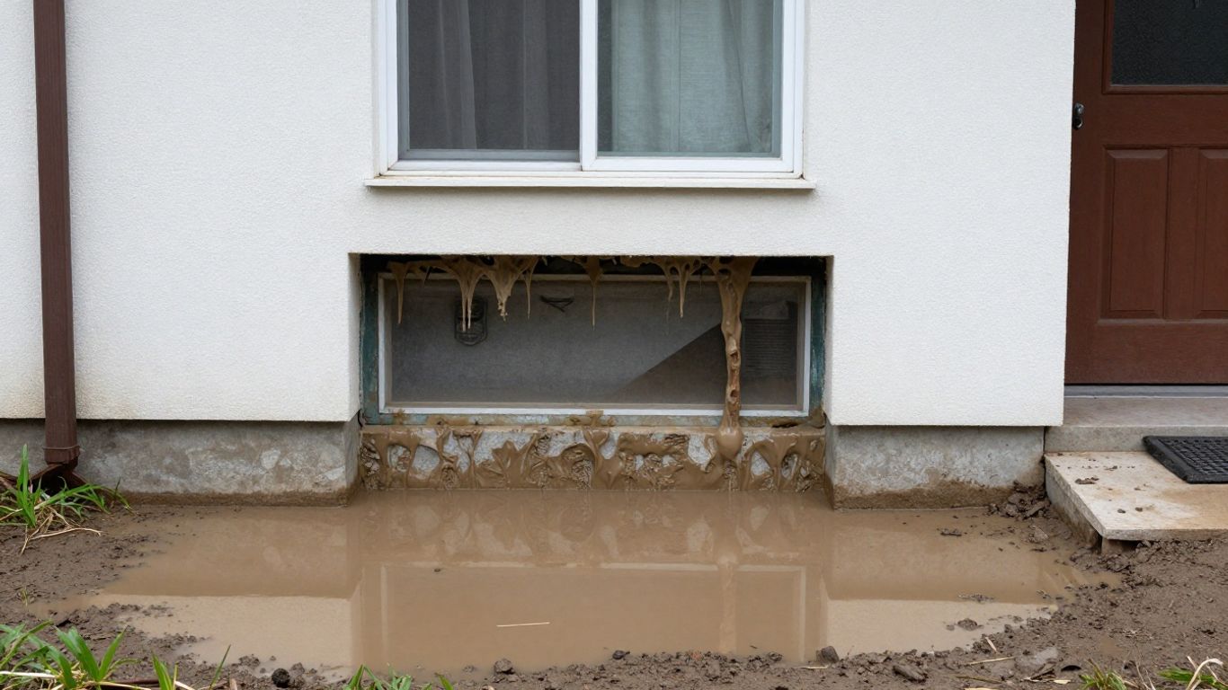House foundation with water pooling, indicating drainage issues.