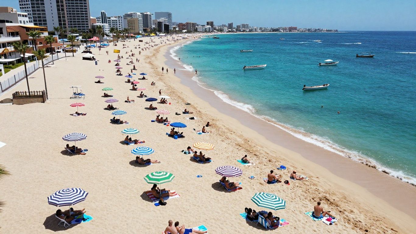 Cabo San Lucas beaches crowded with people during spring break.