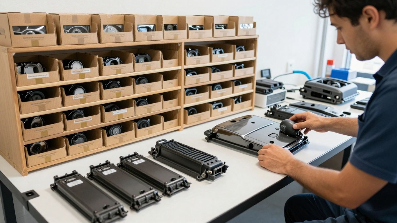 Mechanic inspecting electric vehicle replacement parts