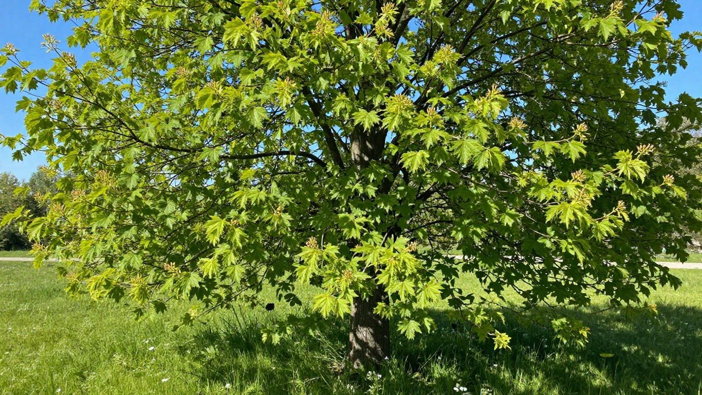 Healthy tree transitioning from spring to summer with new growth.