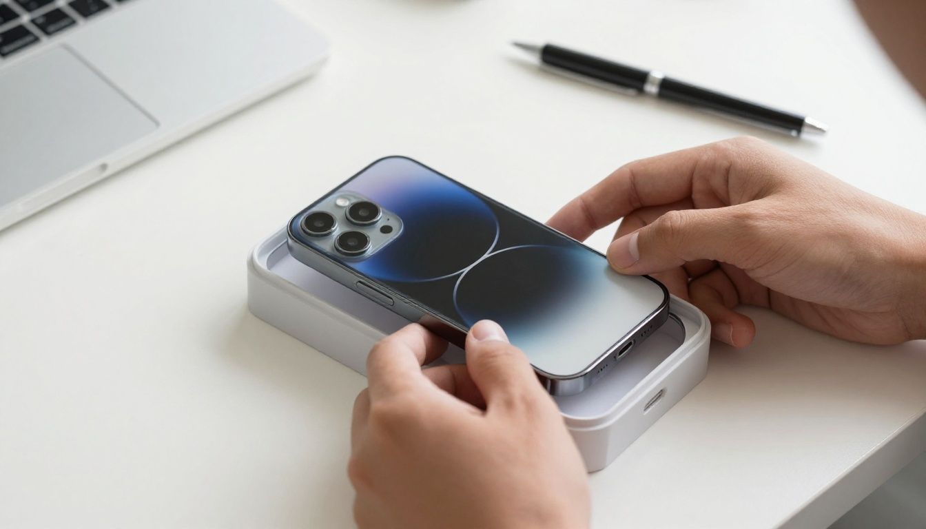 A person carefully placing their new iPhone 16e into a protective case, with a clean, modern desk in the background.