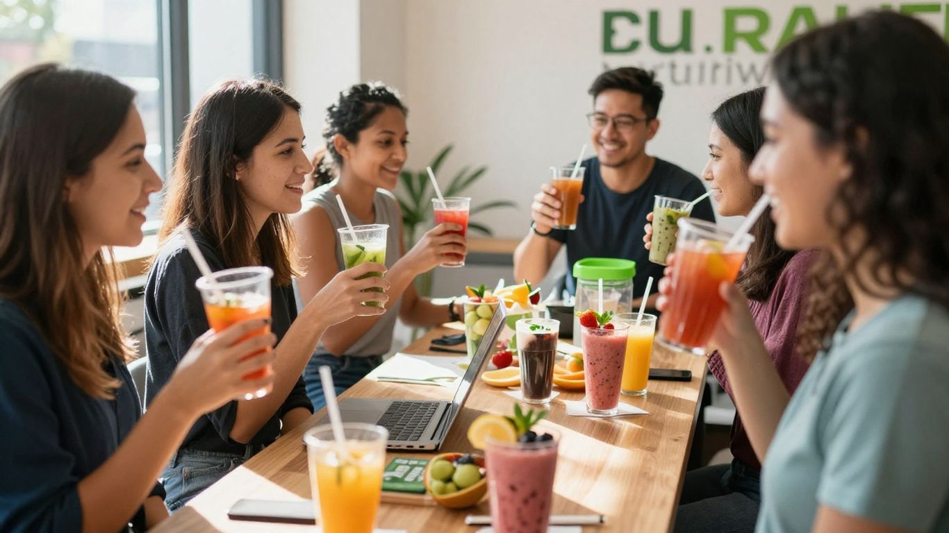 Herbalife Nutrition Club with people and healthy shakes.