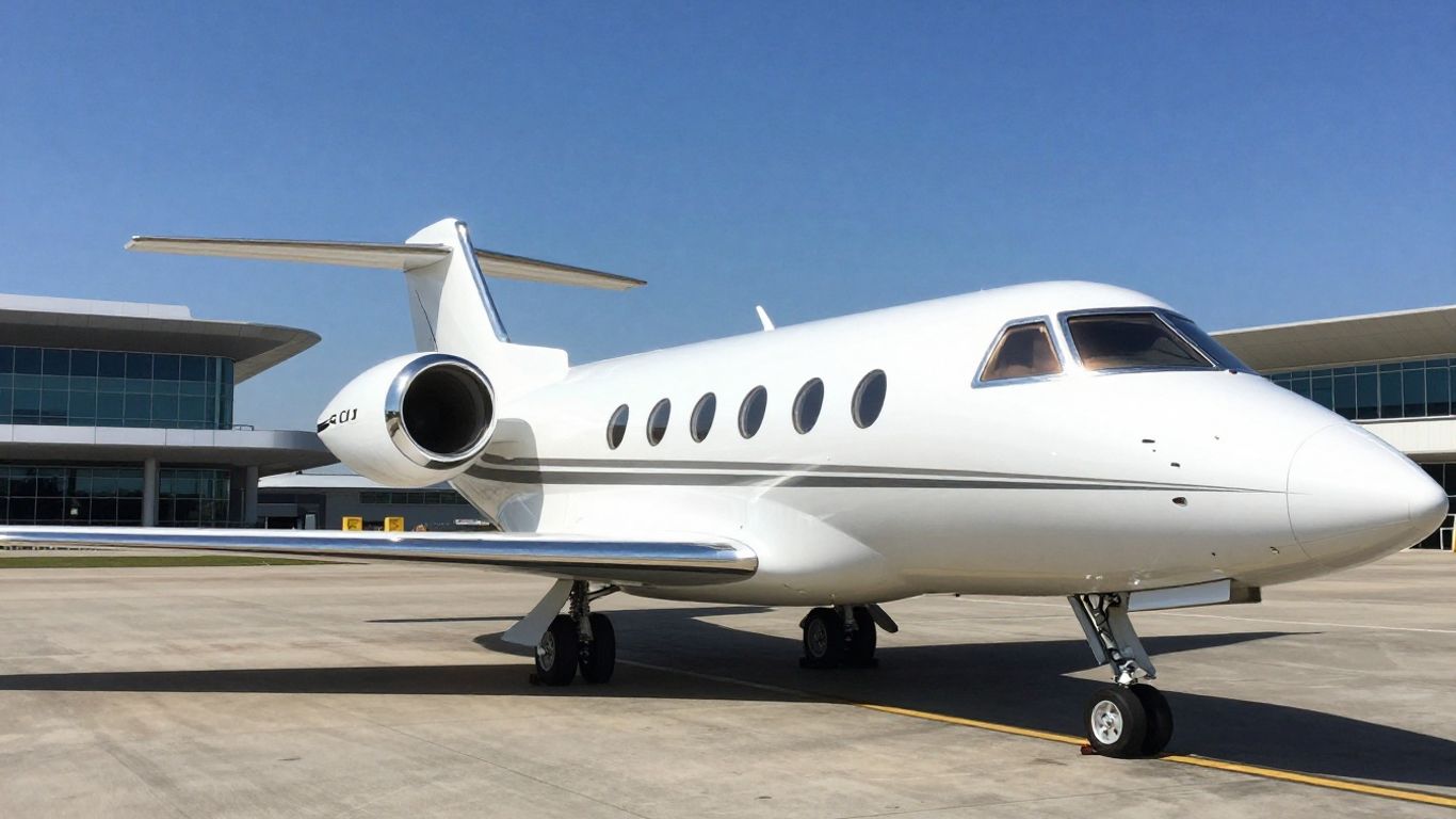 Sleek private jet on tarmac, ready for charter.