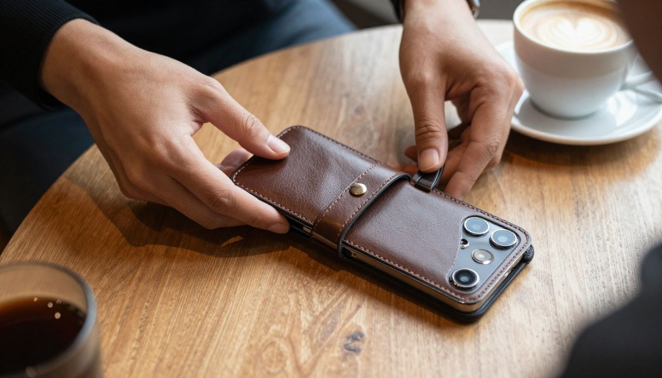 A person in a cafe in Melbourne placing their Samsung Galaxy S25 in a stylish leather case onto a wooden table next to a coffee.