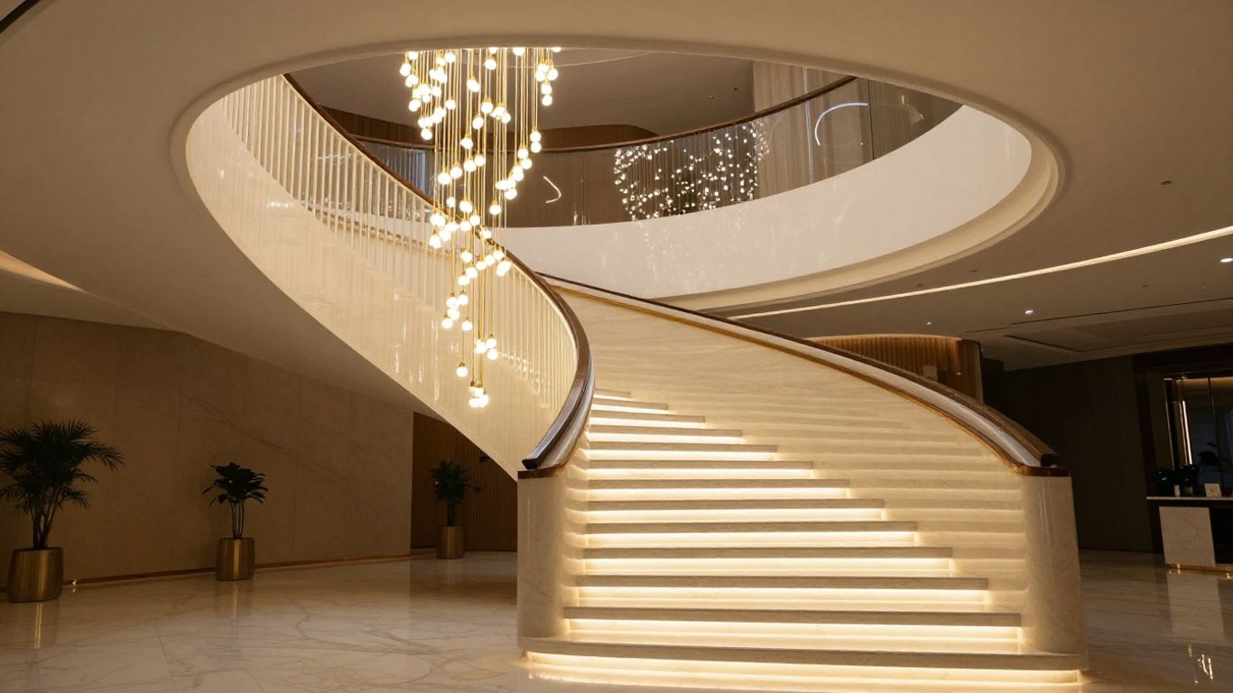 Modern staircase with a dramatic chandelier lighting.