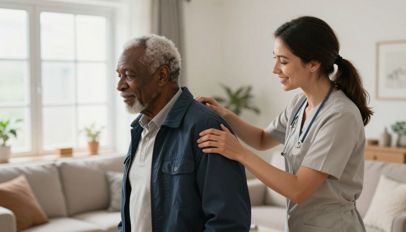 A compassionate female aide in her 30s with a warm smile helps an elderly Black man in his 80s with his jacket in a brightly lit, comfortable living room.