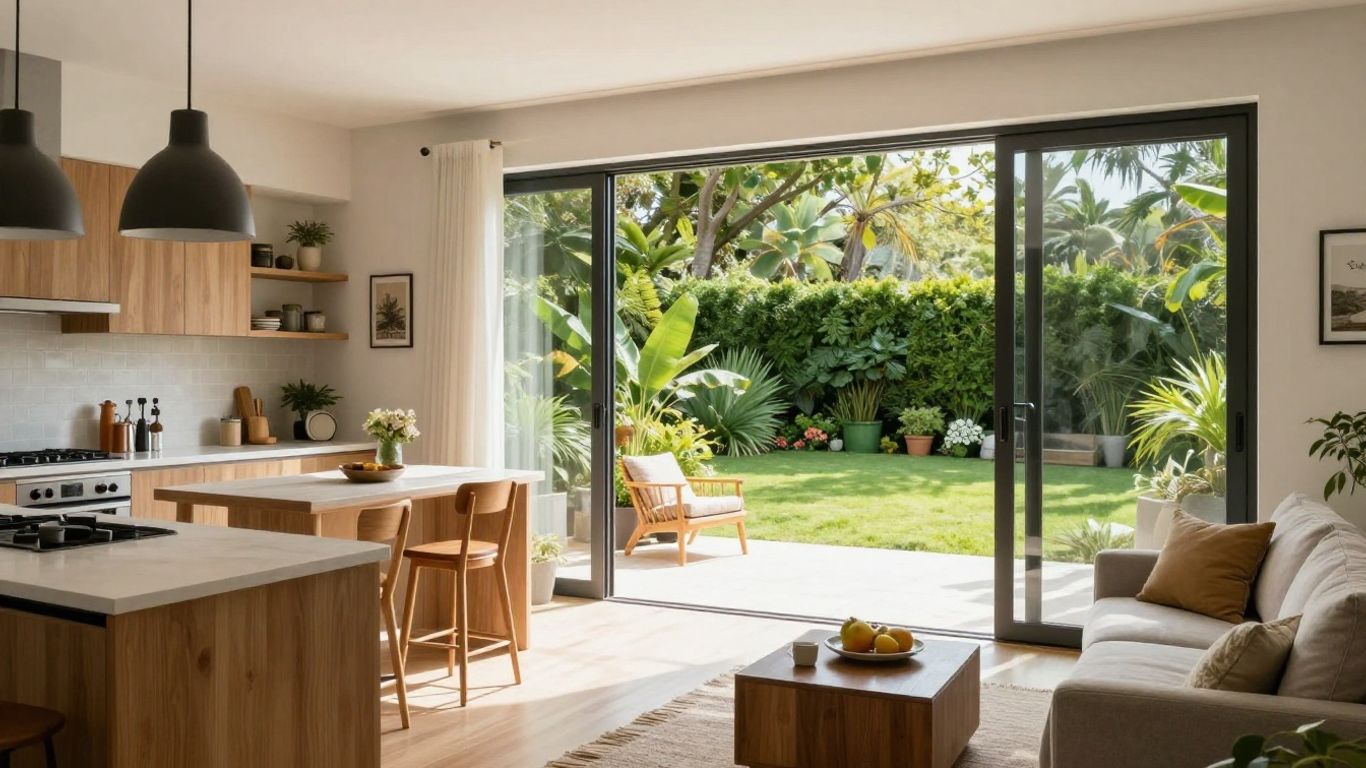 Indoor outdoor kitchen with patio and seating