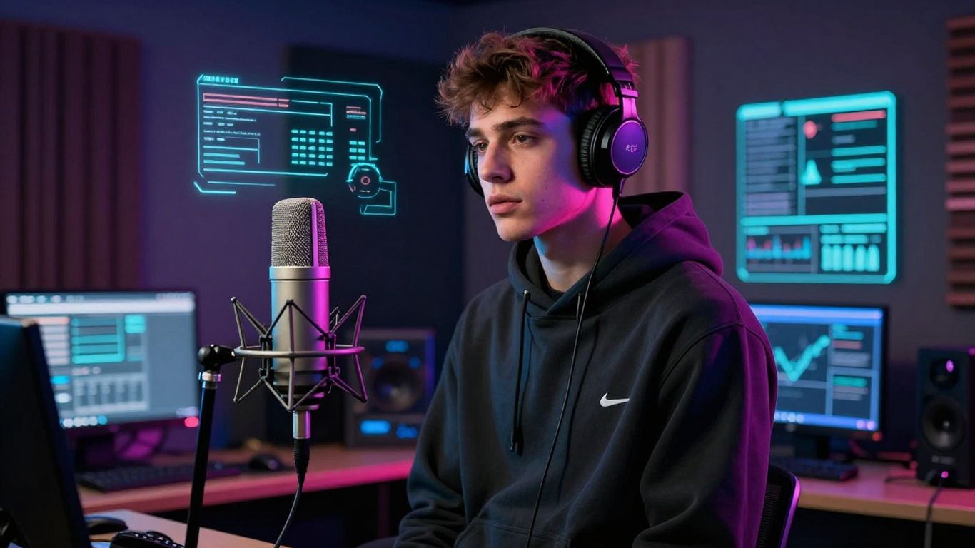 AI character rapping in an urban studio setting