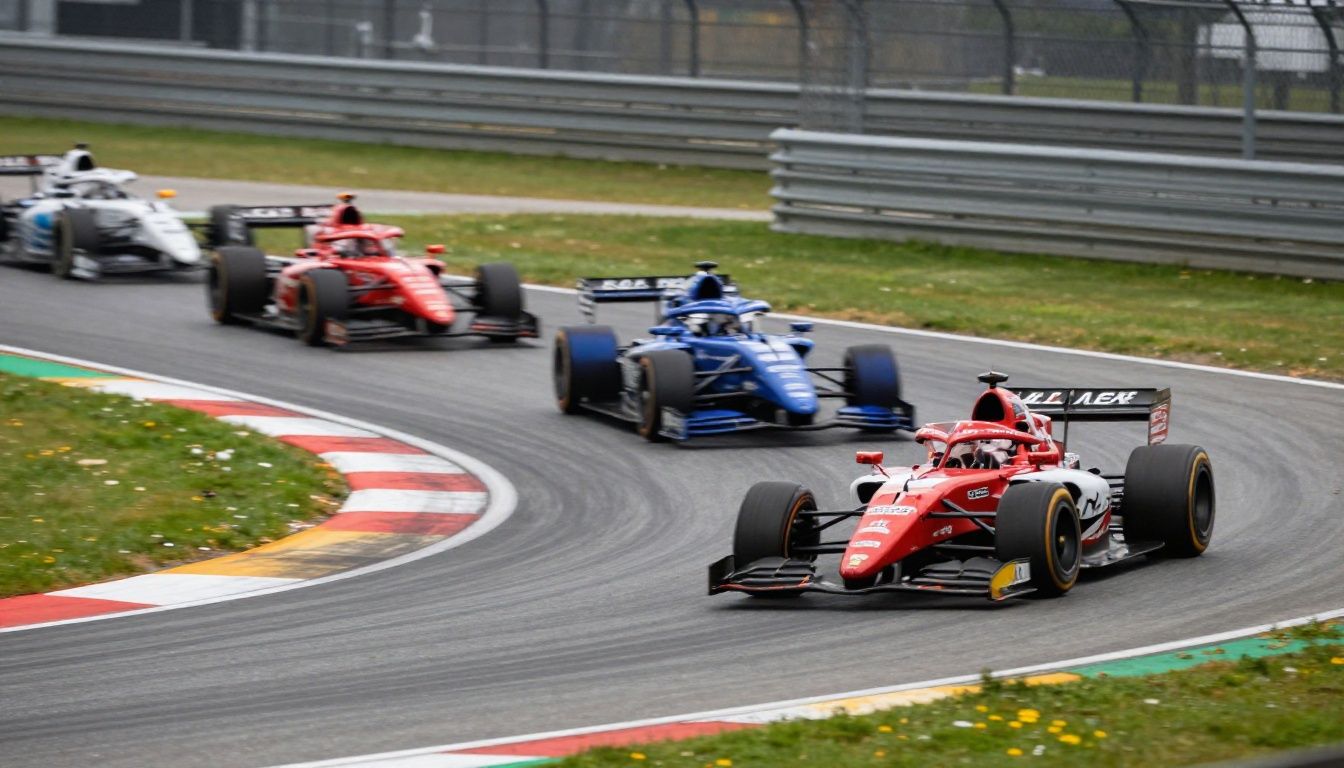 Carros de corrida disputando uma curva em um circuito iluminado, com sensação intensa de velocidade, arquibancadas cheias e detalhes realistas nos veículos