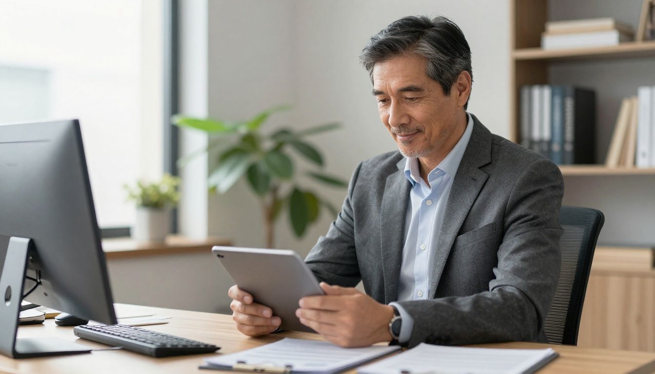 A confident, middle-aged man looking at professional health data on a tablet in an upscale, modern office setting.