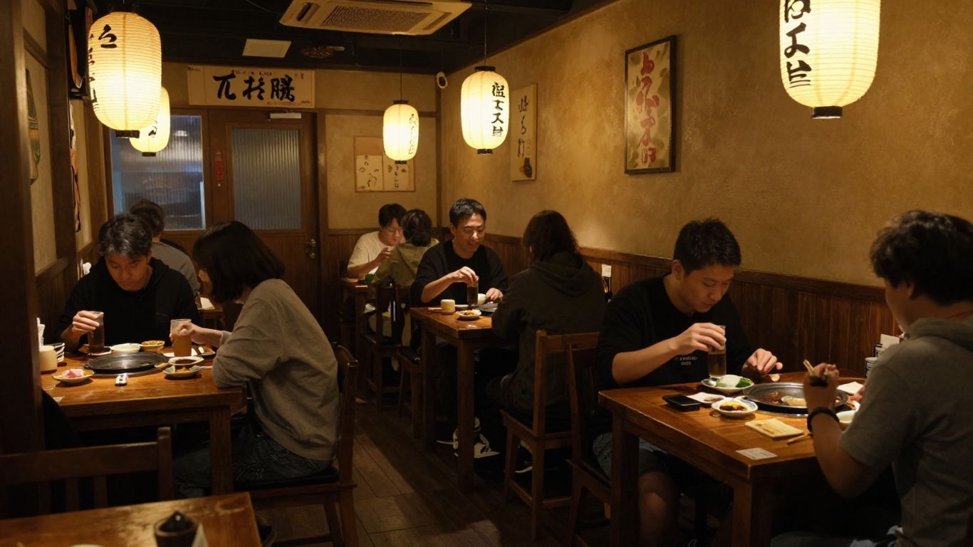 Cozy izakaya interior with warm lighting and patrons.