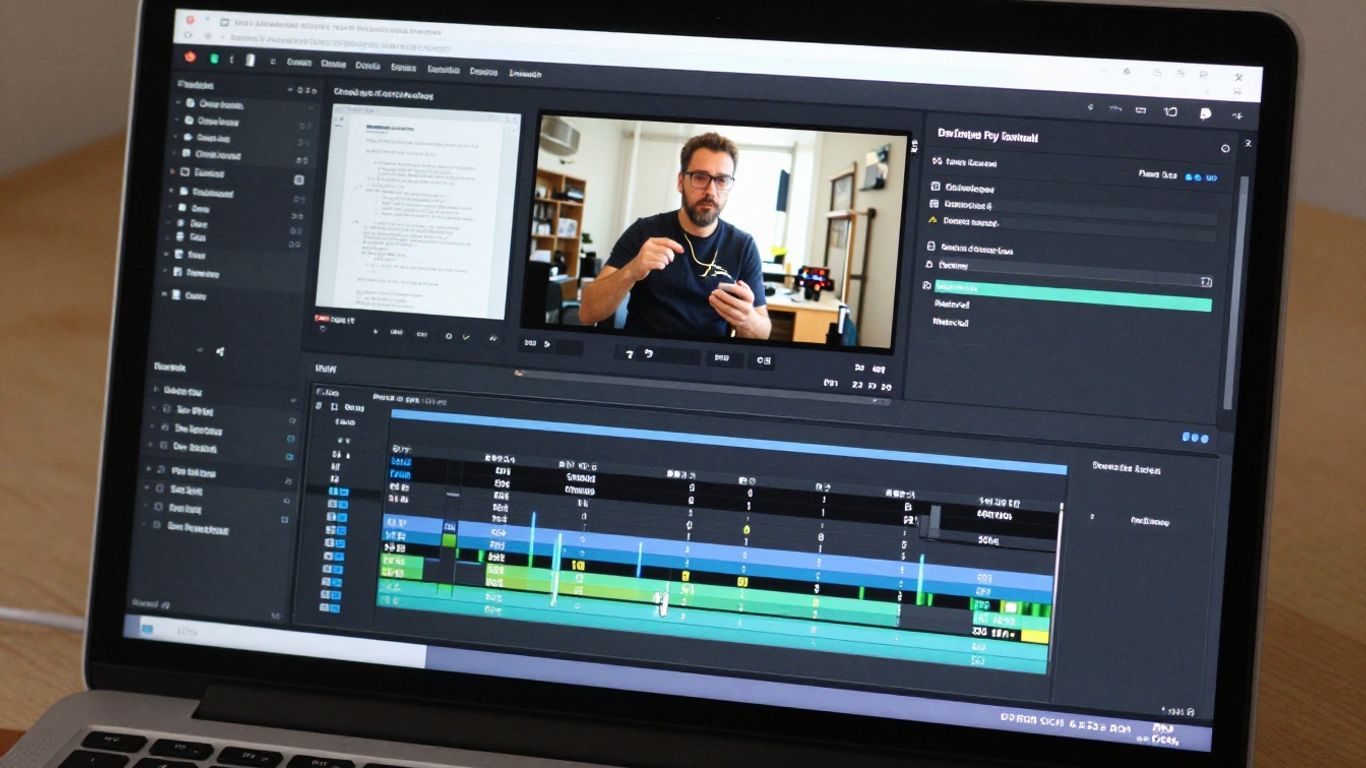 Laptop screen showing video editing and content sources.
