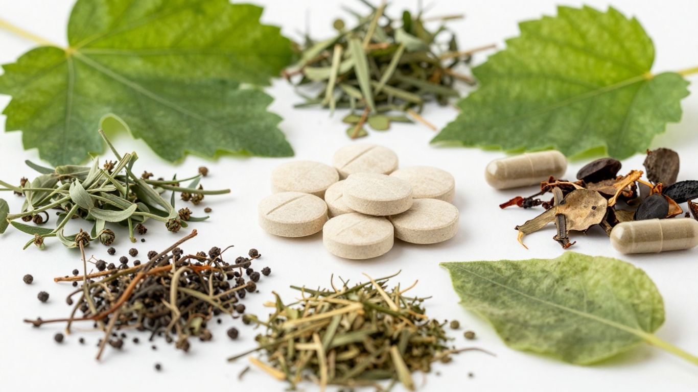 Herbalife Nutrition multivitamin mineral and herbal tablets with green leaves.