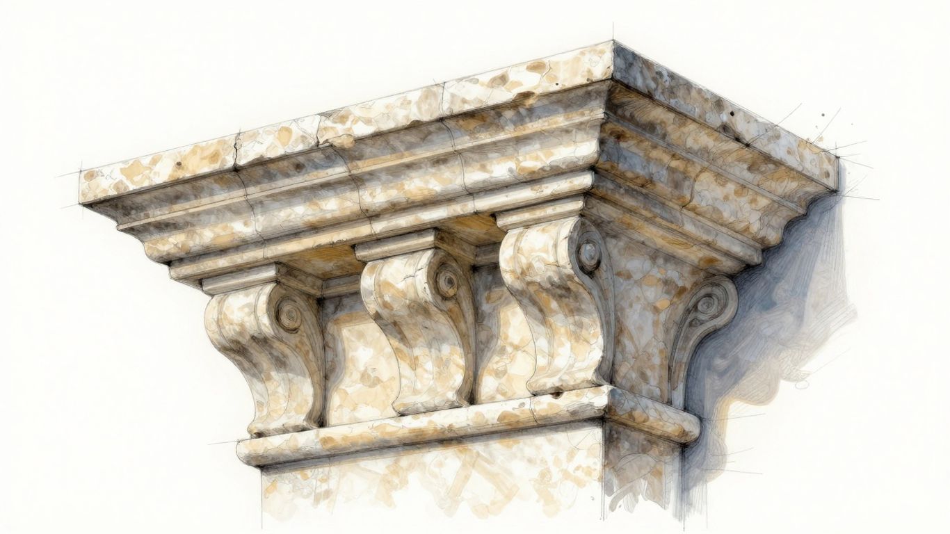 Boceto de elegante moldeado de piedra caliza en la fachada de una casa.